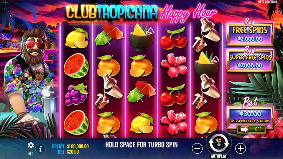 Reels featuring tropical fruits, cocktails and flower symbols, set in a lively beach bar environment.