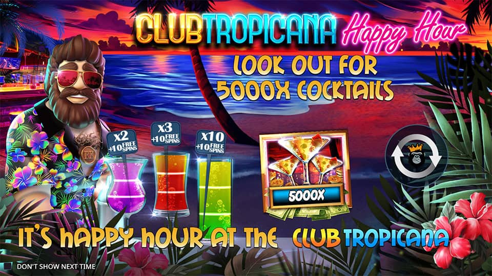 Intro screen showing 5000x cocktail feature, multipliers for free spins and tropical sunset beach scene.