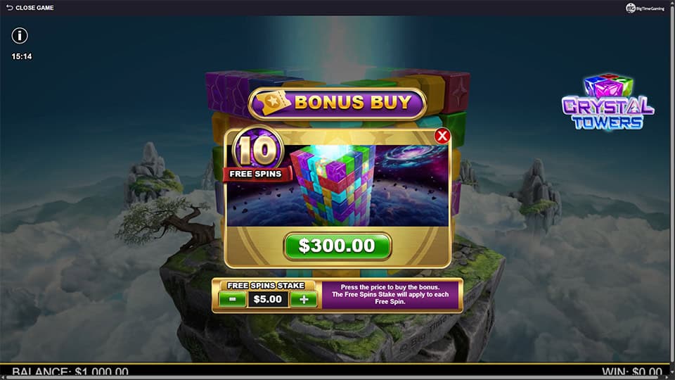 Crystal Towers bonus buy popup offering 10 free spins.