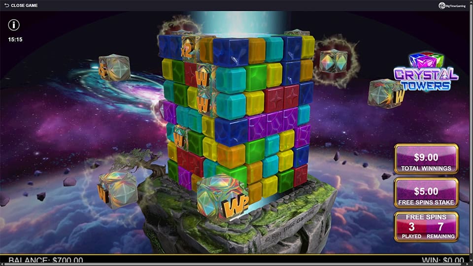 Crystal Towers cube view with glowing wild cubes appearing during free spins, floating in space.