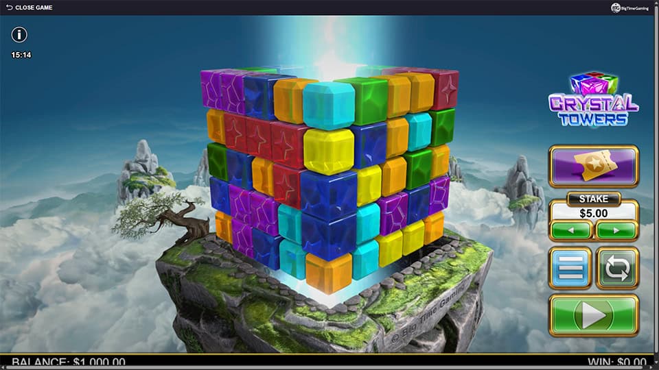 3D grid of colorful gem blocks stacked on a mountaintop with stake panel on the right side.