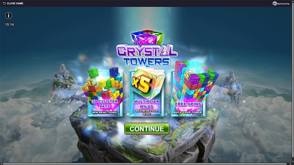 Intro screen of Crystal Towers highlighting 3D Cluster Pays, Multiplier Wilds and Free Spins features.