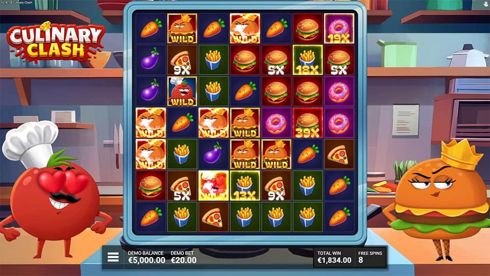 Game grid showing tomato wild and multiplier food symbols in action.