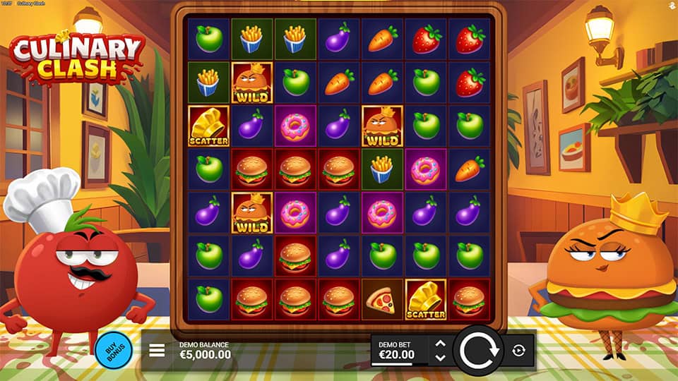 Main game screen with food icons like burgers, fries and carrots on a grid.
