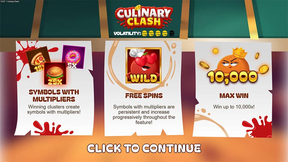 Intro screen explaining features like wild multipliers and max win of 10,000x.