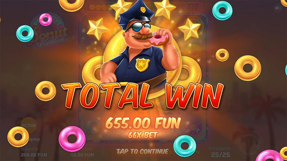 Win screen showing a cheerful cop holding a donut with coins flying around and a 655.00 FUN win displayed.