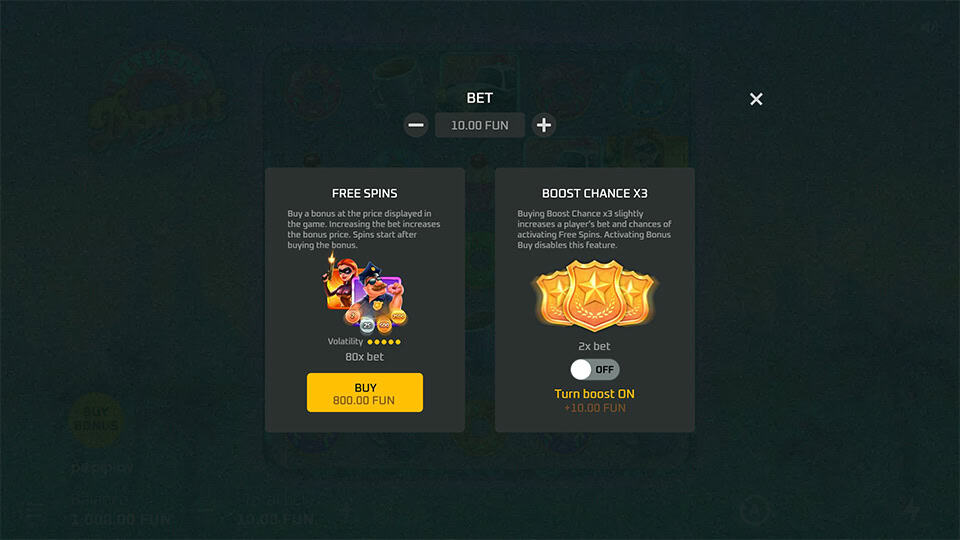 Bonus buy menu offering Free Spins and Boost Chance x3 with pricing and volatility levels displayed.