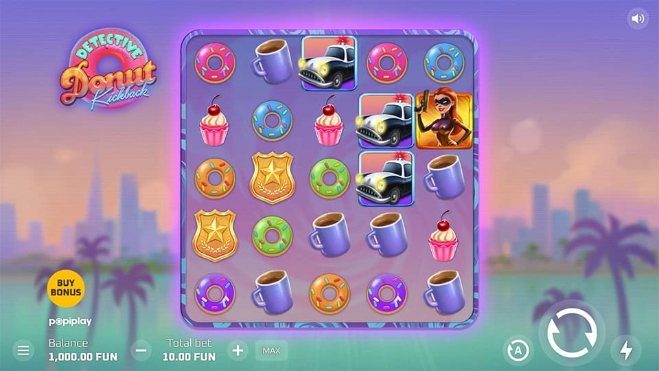 Base game screen of Detective Donut Kickback showing donuts, coffee mugs, police cars and cupcakes on a 6x5 grid.