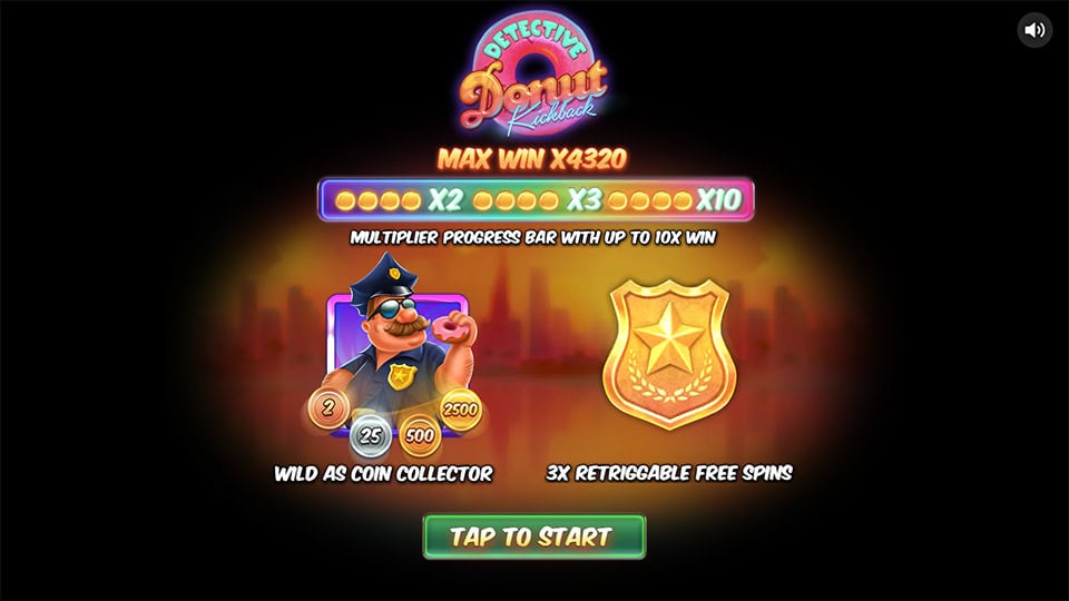 Opening screen of Detective Donut Kickback with a cartoon police officer and a burglar set against a city skyline.