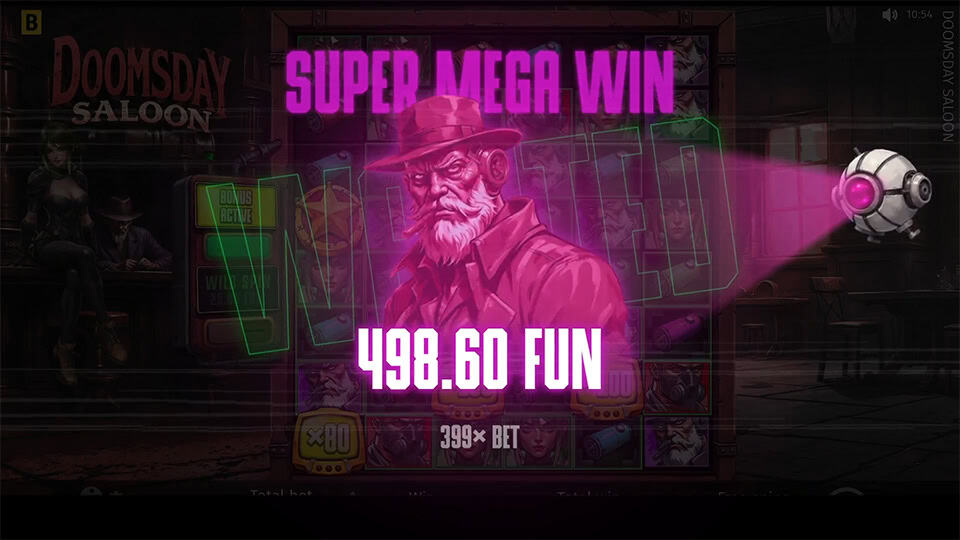 Super Mega Win animation in Doomsday Saloon showing a 498.60 FUN win with a pink spotlight and character portrait.