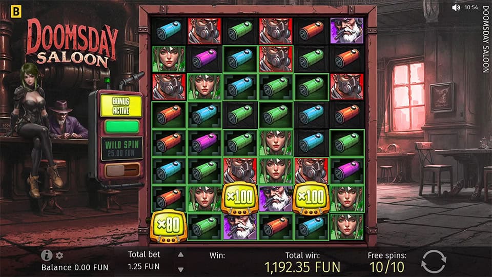 Bonus round screen in Doomsday Saloon showing multiple active cell multipliers including x80 and x100, with highlighted green win areas and character symbols.