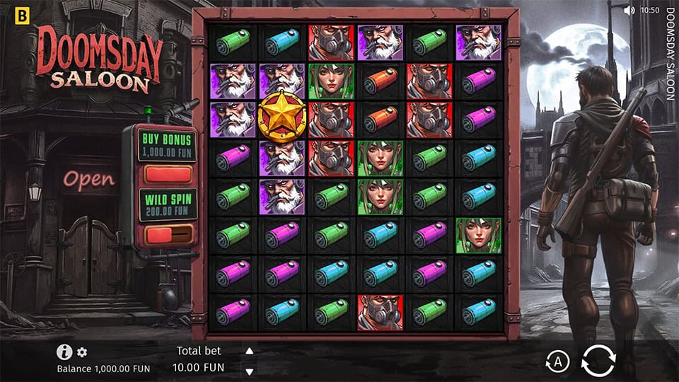 Base game screen of Doomsday Saloon with gritty visuals, battery symbols and a 6x6 grid layout.