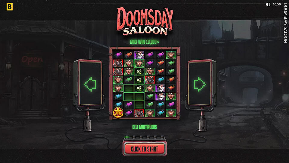 Start screen of Doomsday Saloon with the game’s title, shadowy characters and a saloon entrance glowing "Open".