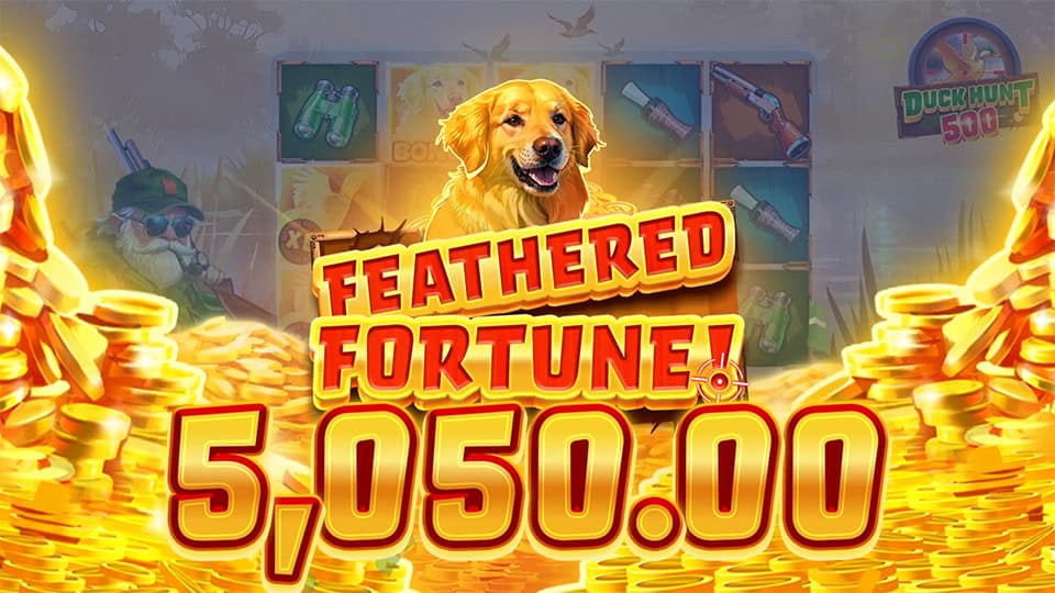 Feathered Fortune win animation in Duck Hunt 500 showing a smiling golden retriever above piles of coins.