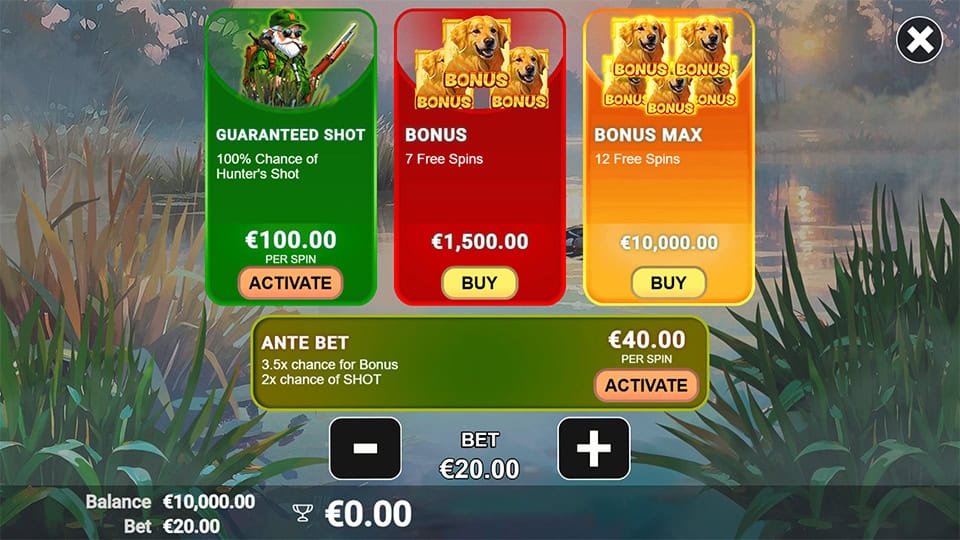Bonus buy menu in Duck Hunt 500 displaying Guaranteed Shot, 7 Free Spins and Bonus Max 12 Free Spins, with ante bet activation.