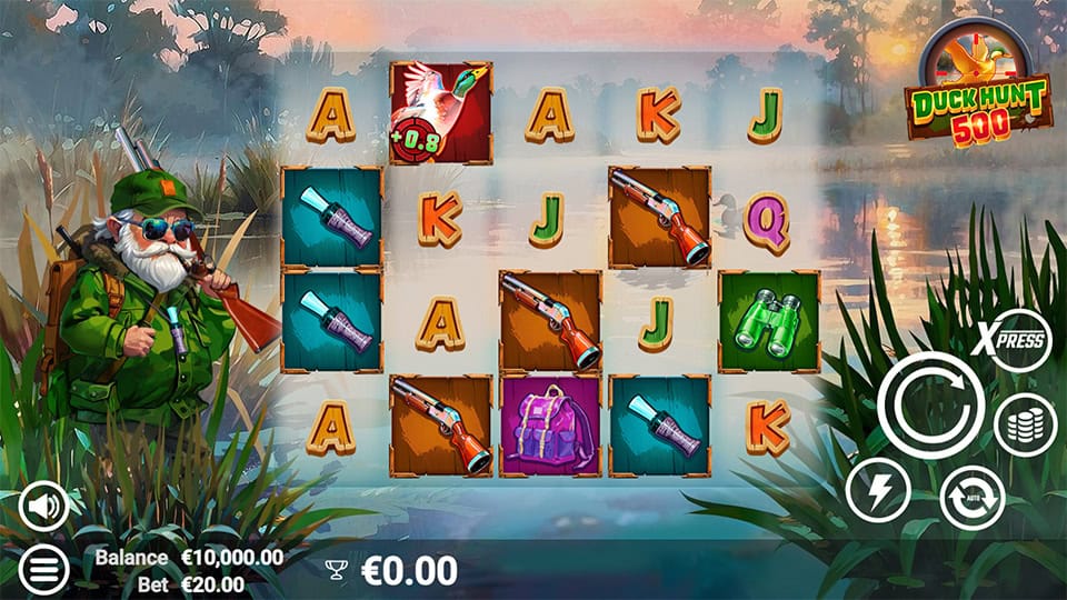Base game screen of Duck Hunt 500 showing reels with hunting gear, ducks and playing card symbols, with the hunter standing ready on the left.
