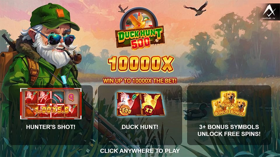 Intro screen of Duck Hunt 500 slot showing the hunter character, a scenic lake backdrop and key features like Hunter’s Shot, Duck Hunt multipliers and Free Spins up to 10,000x win.