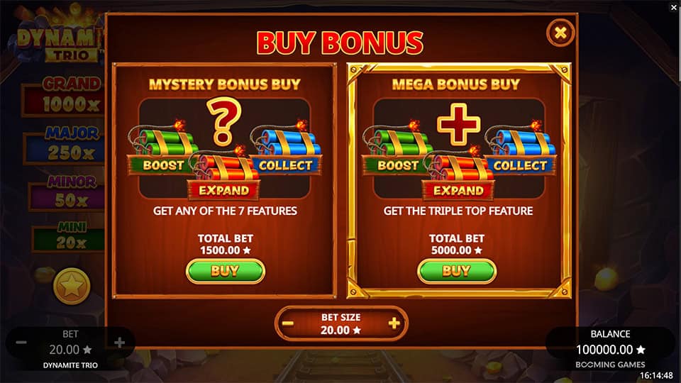Buy menu in Dynamite Trio slot offering Mystery Bonus and Mega Bonus Buy options for 1,500x and 5,000x bets respectively.