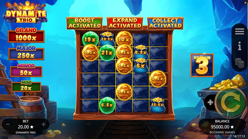 Dynamite Trio Hold & Win bonus round with active Boost, Expand and Collect features on a 5x5 grid showing high-value coins and sacks.