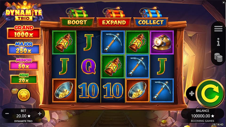 Base game screen of Dynamite Trio slot with mining-themed symbols like pickaxes, helmets and lanterns across colorful reels.