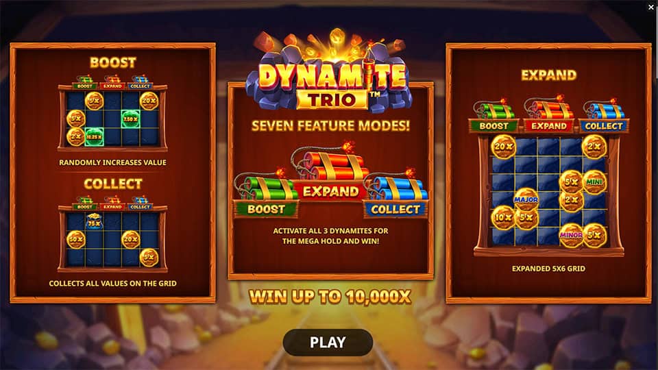 Homepage of Dynamite Trio slot displaying the seven feature modes including Boost, Expand and Collect with visuals of explosive gameplay.