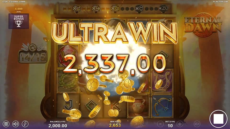 Eternal Dawn slot showing an Ultra Win animation with golden coins flying and a 2,337.00 prize highlighted on screen.