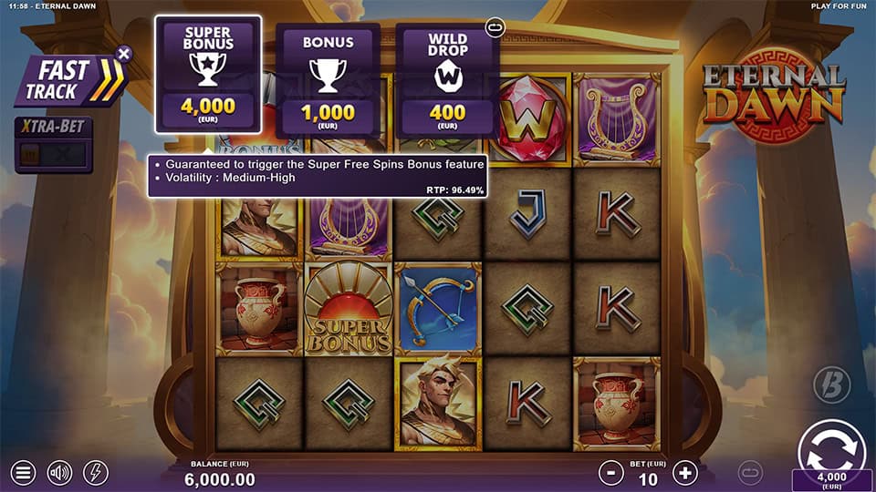 Eternal Dawn slot bonus buy menu with options for Bonus, Super bonus and Wild Drop, including their prices and volatility.