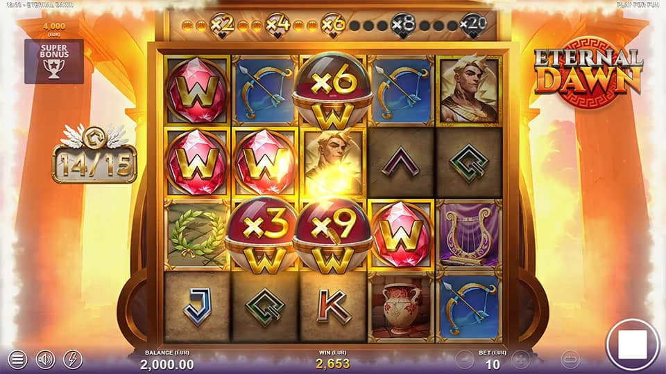Free Spins mode in Eternal Dawn slot showcasing golden roaming wilds with x3, x6 and x9 multipliers across the reels.