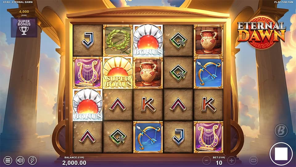 Eternal Dawn base game screen displaying two standard Bonus symbols and one golden Super Bonus symbol to trigger the Super Free Spins round.