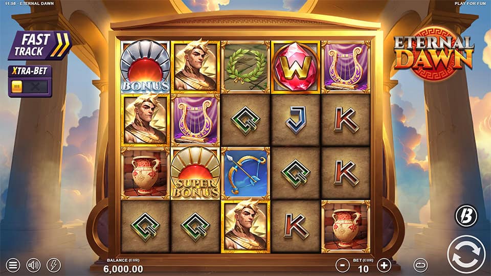 Eternal Dawn base game screen featuring classical Greek symbols like laurel wreaths, harps and gods with 5x3 reels.