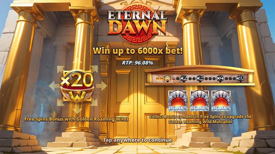 Eternal Dawn introduction screen highlighting the 6,000x max win, wild multipliers and bonus activation with three scatter symbols.