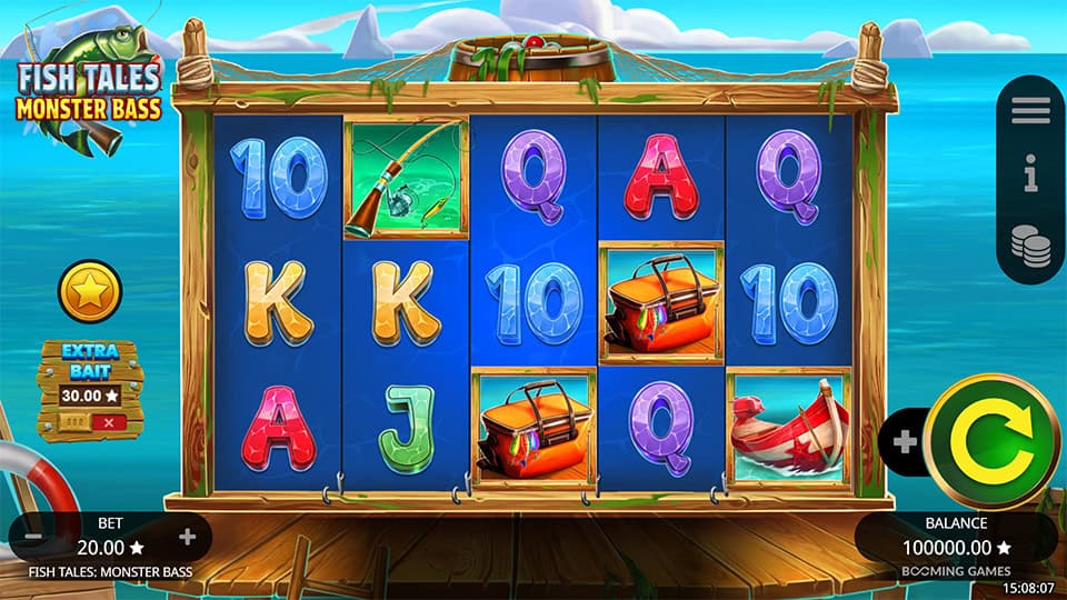 Base game screen with fishing symbols, colorful letters and tackle box icons.