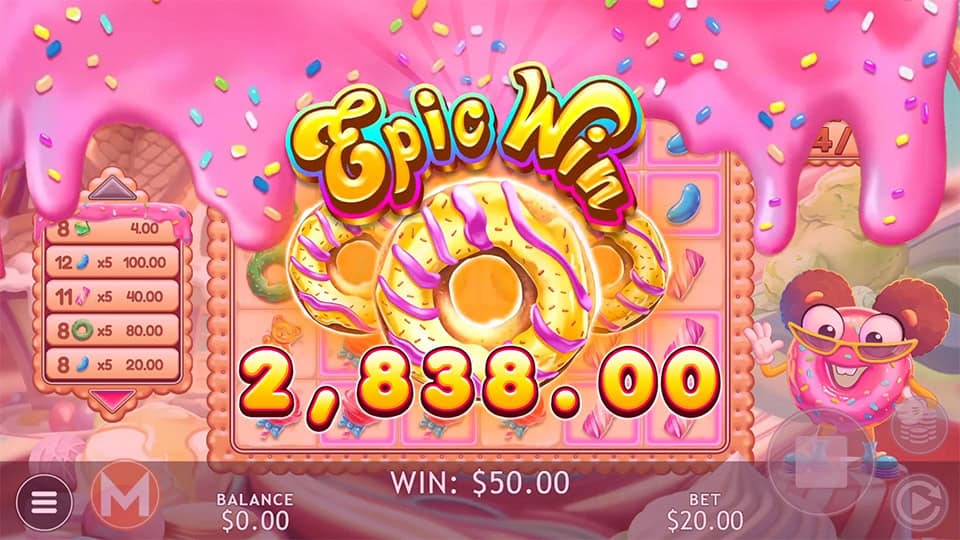 Epic Win screen with $2,838.00 and giant donuts raining down.