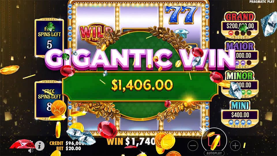 Gigantic Win animation with coins, jewels and a central prize banner surrounded by glitter.