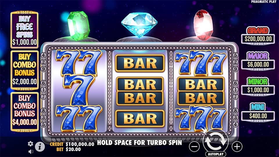 Classic slot setup with 777s, BAR symbols and diamond jackpot meters on both sides.