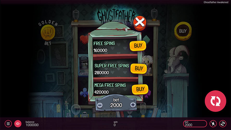 Bonus buy menu offering Free Spins, Super Free Spins and Mega Free Spins with respective prices.