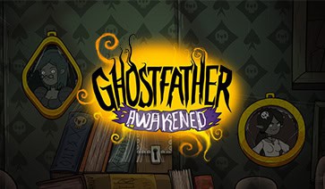 Logo “Ghostfather Awakened” glowing in yellow and purple, framed by spooky portraits and old books in a haunted study setting.