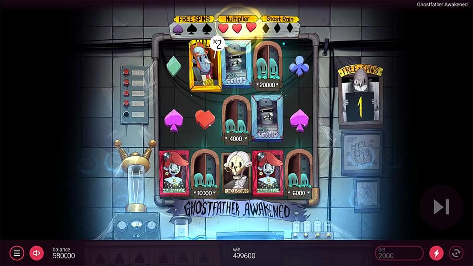 Gameplay with Free Spins active, a 2x multiplier and ghost symbols stacked in a mad lab environment.
