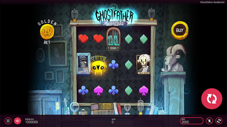 Slot reels showing ghostly characters and card suits with a spooky lab backdrop and a “Golden Bet” feature activated.