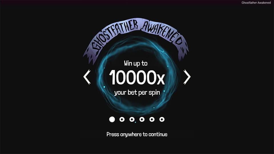 Intro screen featuring the Ghostfather slot logo, buffalo-style prize grid and a call-to-action to win up to 10,000x your bet.