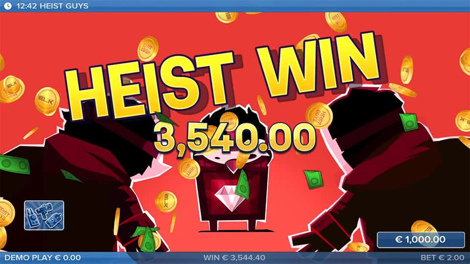 Heist Win screen with prize and raining gold coins, flanked by silhouettes of robbers on red background.