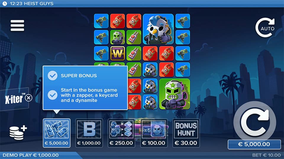 Bonus buy menu showing five X-iter options, including Super Bonus with starting tools.