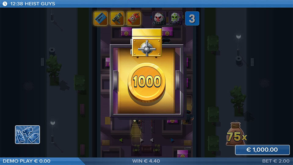 Gold vault opening to reveal 1000 coin prize with bonus tools displayed above and 75x multiplier shown.