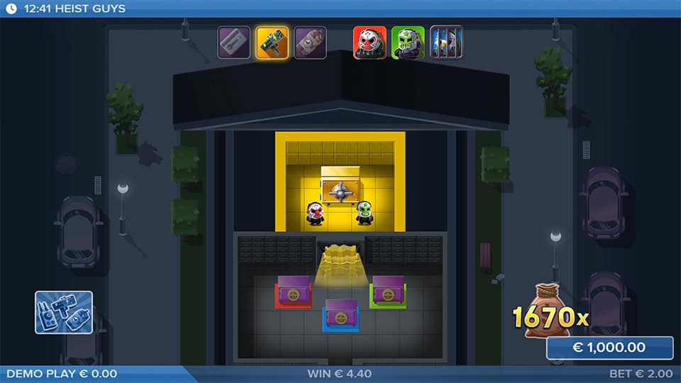 Two robbers inside a golden-lit vault room with 1670x win and glowing safes in pink, purple and green.