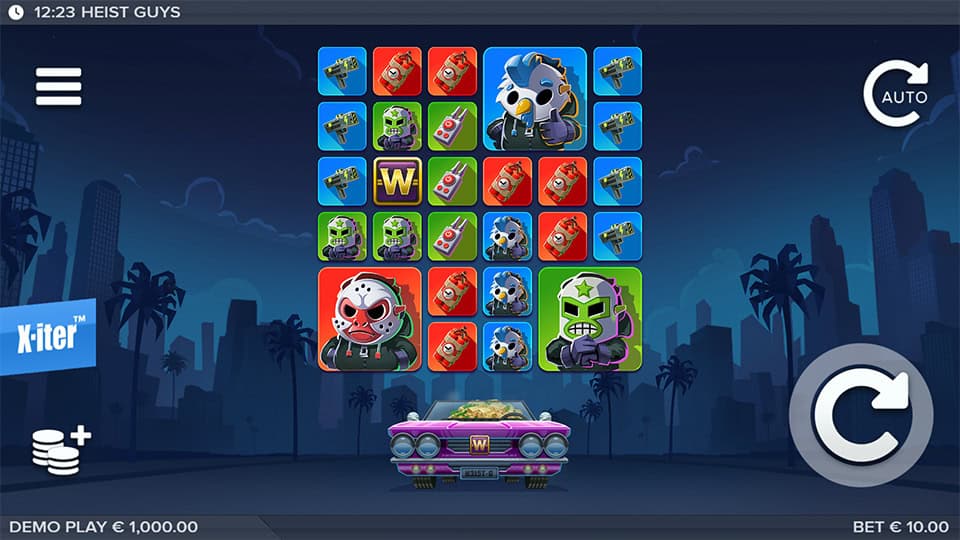 5x5 grid featuring character symbols, weapons and wilds with a getaway car below and €10.00 bet active.