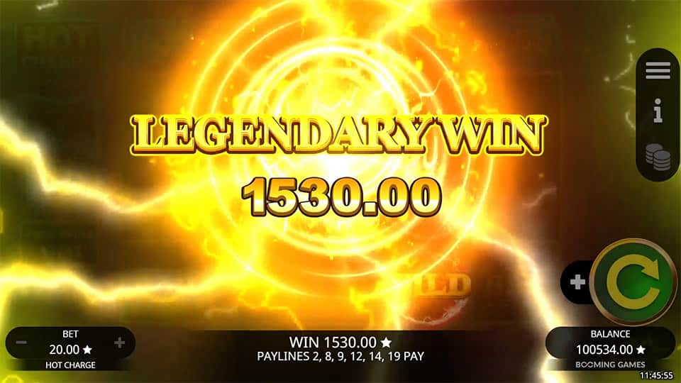 Hot Charge slot displaying a Legendary Win of 1,530 with bright electric effects.