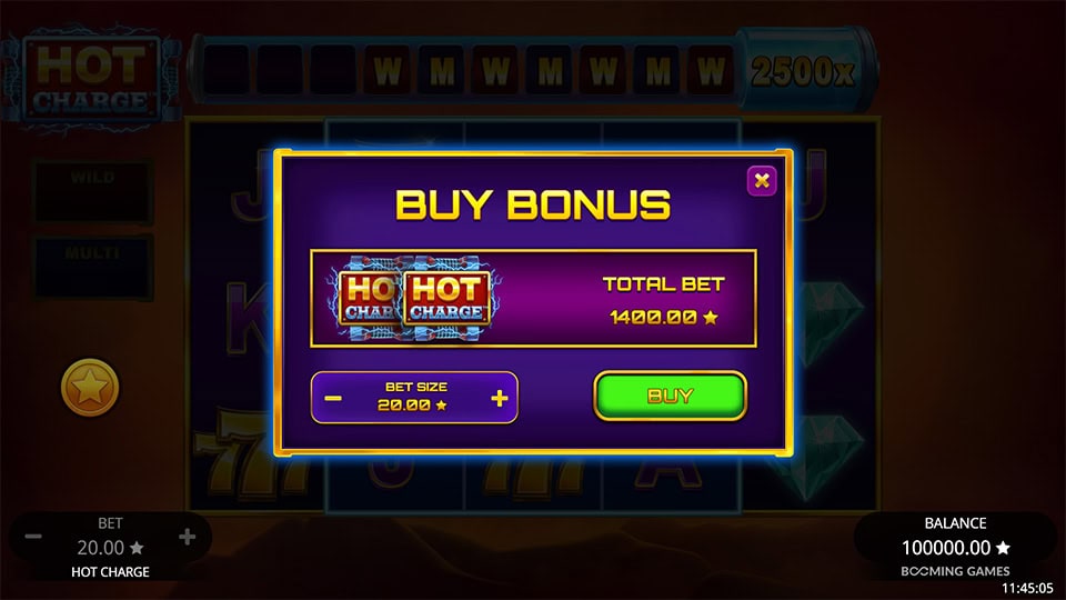 Hot Charge slot Bonus Buy screen allowing players to purchase feature rounds at selected bet levels.