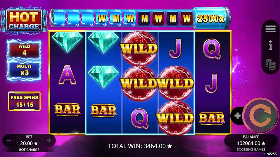Hot Charge free spins screen showing multiple wild symbols and a 3x multiplier active.