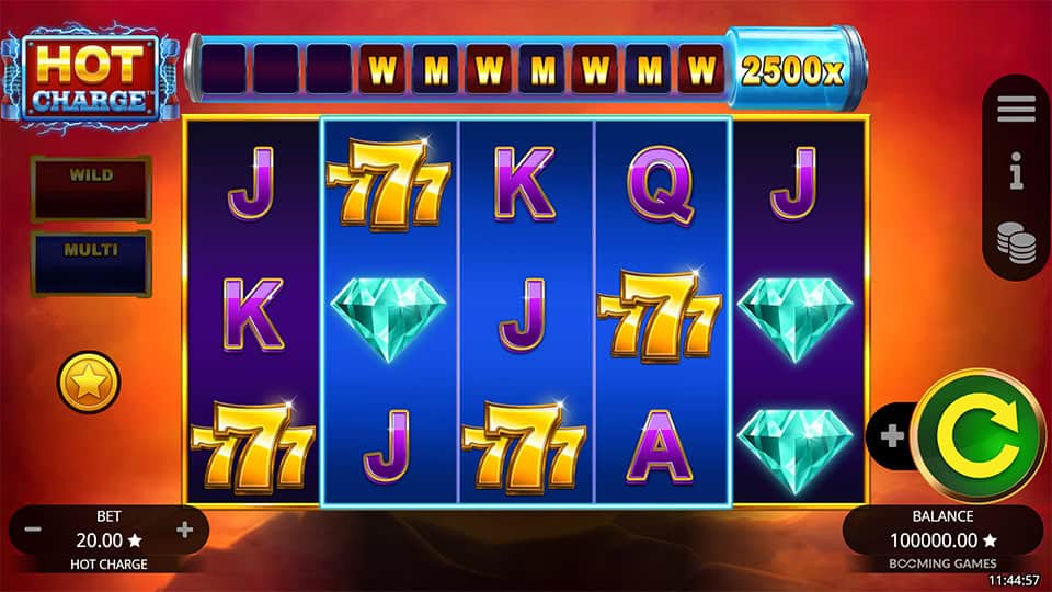 Hot Charge base game screen featuring reels with classic symbols and the 2500x bonus meter.
