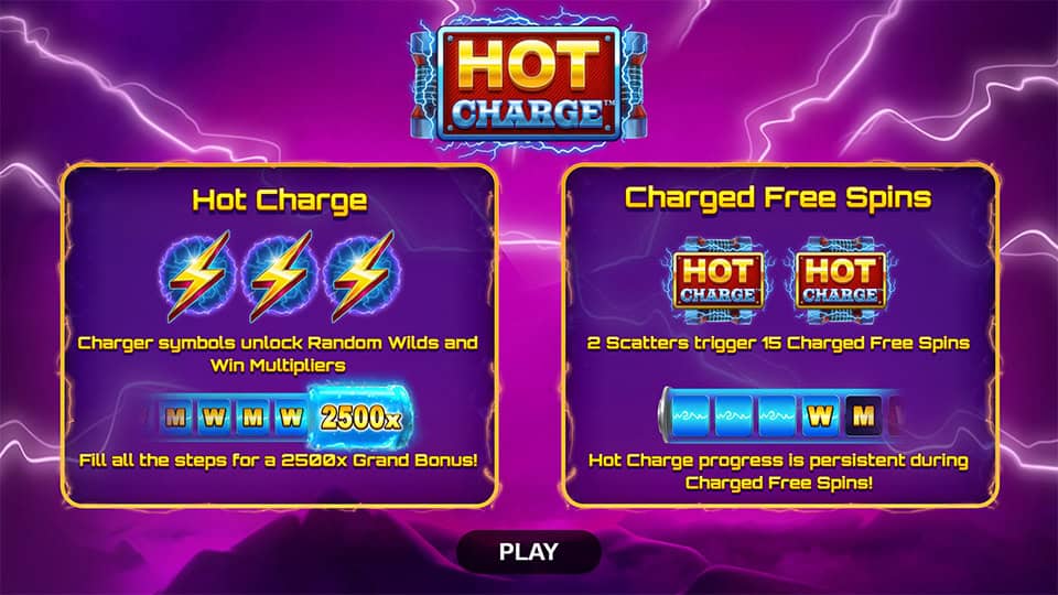 Hot Charge homepage showing Hot Charge and Charged Free Spins features with icons and descriptions.